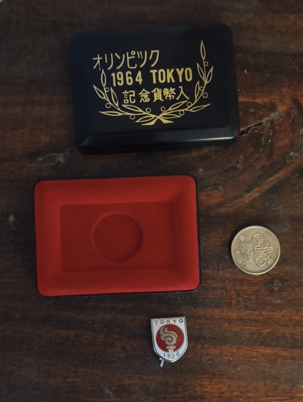 Olympic Collectors! 1964 Tokyo Olympic Pin in Red and White, 100 Yen Coin & Box